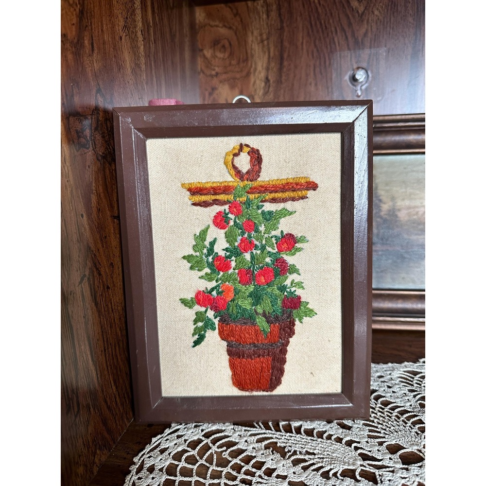 Vintage Framed Tomato Plant Crewel Embroidery Art | Potted Botanical Wall Decor